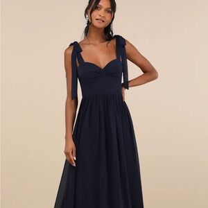 Lulu's Midnight Navy Tie-Strap Sweetheart Maxi Dress